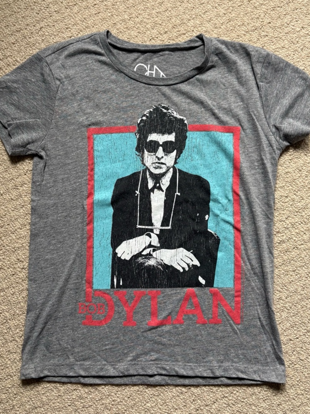 Chaser Gray Bob Dylan Tee with Red Frame and Teal Panel